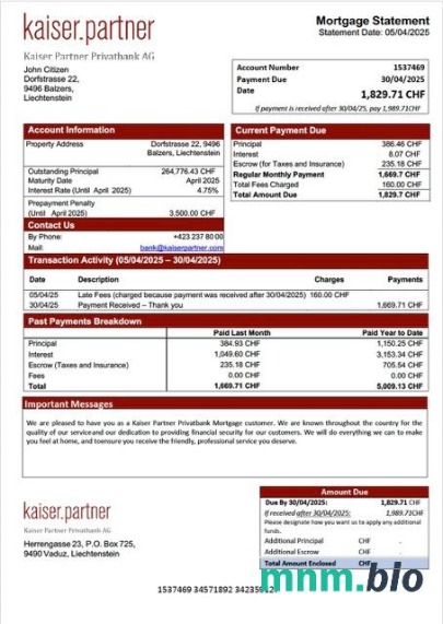 Liechtenstein Kaiser Partner Privatbank wyciąg z kredytu hipotecznego szablon Word i PDF